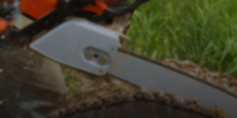 A blurry image of a person using an orange and white chainsaw to cut through a tree trunk, with green grass in the background—typical work for tree services Long Island, NY.
