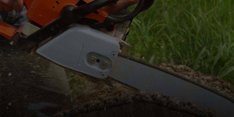 A person using an orange and silver chainsaw to cut through a thick tree trunk outdoors